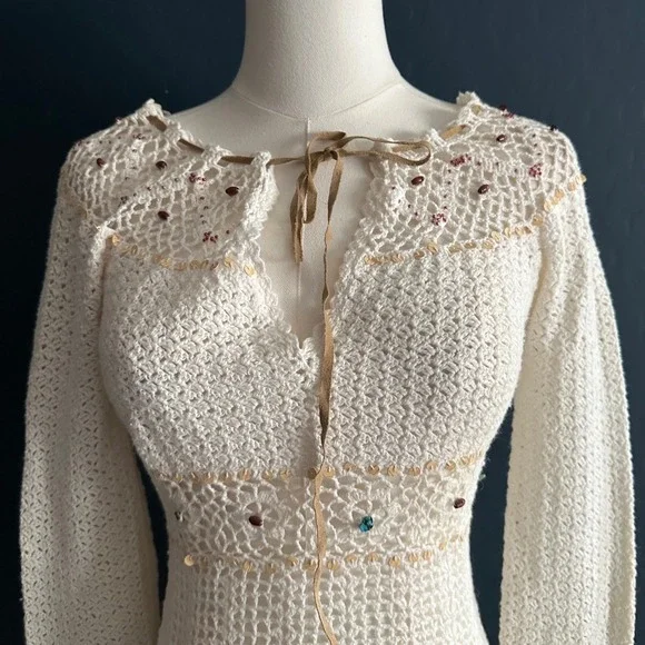 Vintage Rampage Beaded Crochet Boho Top Ramie Cotton Y2K White Small - Picture 2 of 8